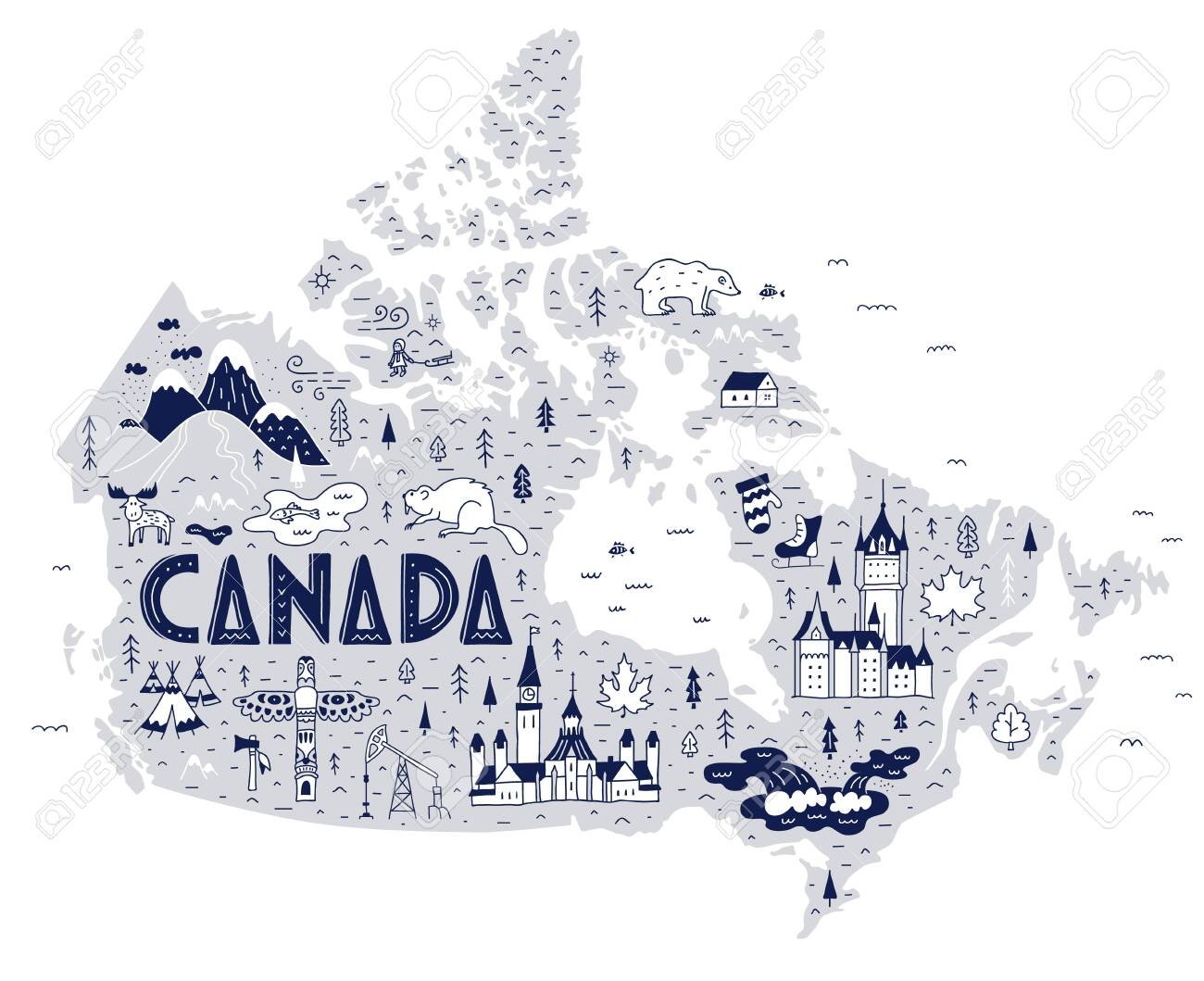 Touristic map of Canada in doodle style. Vector.
